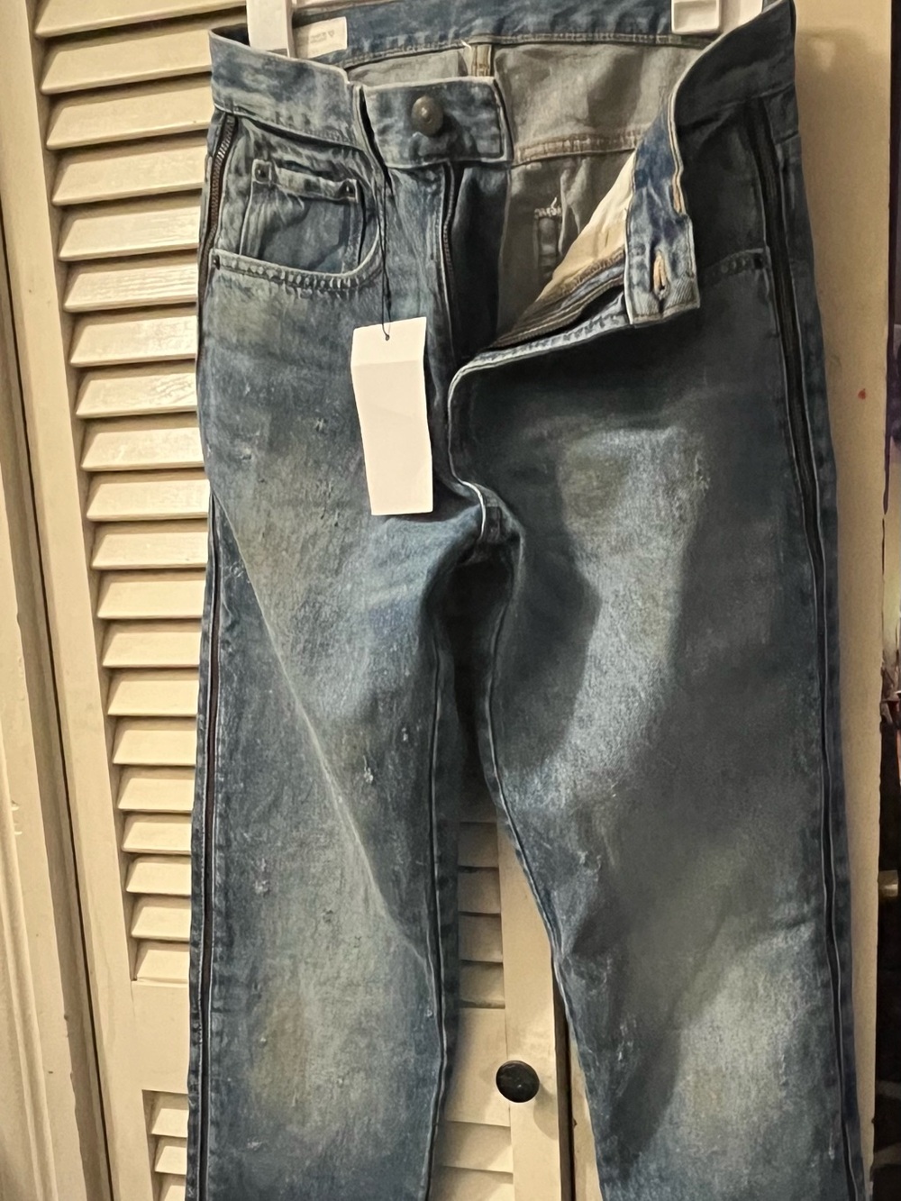 Men's Zara blue Jeans, zips sides from feet to waist. 

Size 30 waist. 34 L